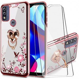 BTShare for Moto G Pure/Moto G Power 2022 Case with Tempered Glass Screen Protector (2 Packs), Bling Crystal Soft Silicone TPU Clear Slim Fit Kickstand Cover for Girls Ring Holder Grip, Love