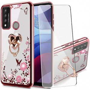 BTShare for TCL 20 XE Case with Tempered Glass Screen Protector, Bling Crystal Clear Soft Transparent TPU Slim Fit Kickstand Case Cover for Girls & Ring Grip, Love