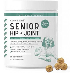 Chew + Heal Senior Hip and Joint for Dogs - 120 Soft Chew Treats - Glucosamine, MSM, Vitamin C, Omega, Chondroitin - for Inflammation, Pain, Mobility, Joint and Cartilage Health - Made in USA