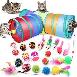 21 PCs Hightingale Cat Indoor Interactive Toys Kitten Toys Including Three-Hole Tunnel Teaser Wand Golf with Feather Balls and mice