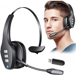 Bluetooth Headset, Trueque Trucker Wireless Headset with Microphone AI Noise Canceling & Mute Button, 60 Hrs Work Time On-Ear Headphones with USB Dongle for Call Center, Remote Work, Trucker, Zoom