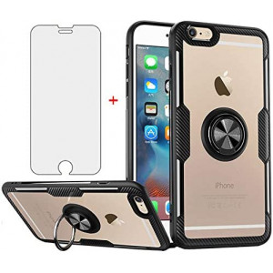 Phone Case for iPhone 6plus 6splus 6/6s Plus with Tempered Glass Screen Protector Clear Cover and Stand Ring Holder Hard Cell iPhone6 6+ iPhone6s 6s+ i 6P 6a S Six iPhone6splus Cases Men Black