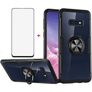 Phone Case for Samsung Galaxy S10e with Tempered Glass Screen Protector Clear Cover and Magnetic Stand Ring Holder Slim Hard Cell Accessories Glaxay S 10e Gaxaly 10se Galaxies Se10 Cases Men Black