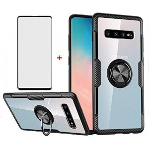 Phone Case for Samsung Galaxy S10 Plus with Tempered Glass Screen Protector Clear Cover and Stand Ring Holder Cell Accessories Glaxay S10+ Galaxies S10plus 10S Edge S 10 10plus Cases Cases Men Black