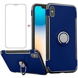 Phone Case for iPhone Xs Max with Tempered Glass Screen Protector Cover and Stand Ring Holder Slim Hybrid Hard Cell Accessories i X XR Xsmax 10x SX Xmax 10xs 10s 10 Plus Xmaxs Cases Men Blue
