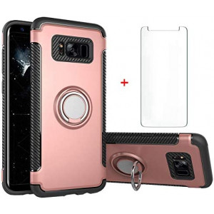 Phone Case for Samsung Galaxy S8 with Tempered Glass Screen Protector Cover and Magnetic Stand Ring Holder Slim Hybrid Hard Cell Accessories Glaxay S 8 Gaxaly 8S Edge SM-G950U Cases Rose Gold Bumper