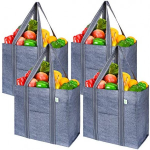 VENO 4 Pack Reusable Grocery Shopping Bag w/ Hard bottom, Foldable, Multipurpose Heavy Duty Tote, Daily Utility bag, Stands Upright, Sustainable (Set of 4, Gray)