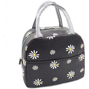 Sonuimy Insulated Lunch Bag Women Girls, Reusable Cute Tote lunch box for Adult & Kids, Leakproof Cooler Lunch Bags for Work Office Travel School Picnic (Black with White Daisy)