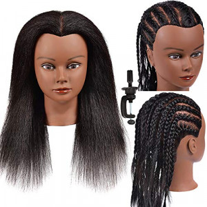 100% Real Hair Mannequin Head Hairdresser Training Head Manikin Cosmetology Doll Head Yaki Hair Mannequin Head Hair Styling Training Head Afro Mannequin Head for Braiding Practice Mannequin Head