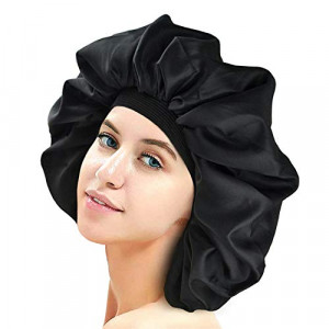 Sleep Cap, Satin Elastic Wide Band Hat Night Sleeping Head Cover for Women Girls(Black)