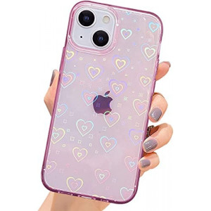 SmoBea Compatible with iPhone 13 Case, Holographic Laser Bling Heart Purple Soft & Flexible TPU and Hard PC Shockproof Cover Women Girls Heart Pattern Phone Case (Heart/Clear)