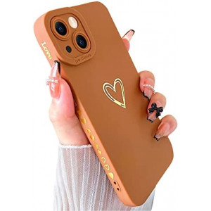 SmoBea Compatible with iPhone 13 Mini Case Gold Heart Pattern Soft Liquid Silicone Shockproof Case for Women Girls Side Cute Plated Heart Pattern Slim Phone Case (Brown)