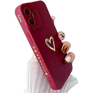 SmoBea Compatible with iPhone 12 Mini Case (Not Fit iPhone 12) Gold Heart Pattern Soft Liquid Silicone Shockproof Case for Women Girls Side Cute Plated Heart Pattern Slim Phone Case (Wine Red)