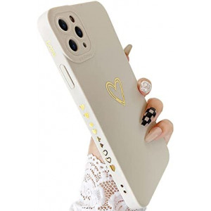 SmoBea Compatible with iPhone 11 Pro Max Case, Gold Heart Pattern Soft Liquid Silicone Shockproof Case for Women Girls Side Cute Plated Heart Pattern Slim Phone Case (White)