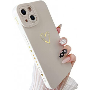 SmoBea Compatible with iPhone 13 Mini Case Gold Heart Pattern Soft Liquid Silicone Shockproof Case for Women Girls Side Cute Plated Heart Pattern Slim Phone Case (White)