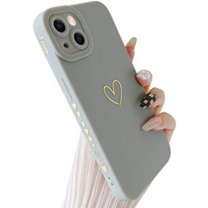 SmoBea Compatible with iPhone 13 Case Luxury Gold Heart Pattern Soft Liquid Silicone Shockproof Case for Women Girls Side Cute Plated Heart Pattern Slim Phone Case (Gray)