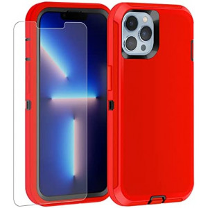 droperprote Compatible with iPhone 13 Pro Max Case with Tempered Glass Screen Protectors,3 Layers Military Full Body Drop Protective Heavy Duty Shockproof iPhone 13 Pro Max Case 6.7 inches Red/Black