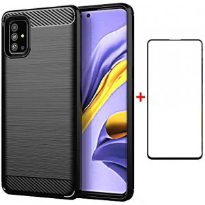 Asuwish Compatible with Samsung Galaxy A51 4G Case and Tempered Glass Screen Protector Cover Cell Accessories Soft TPU Silicone Phone Cases for Glaxay A 51 Gaxaly M40S 51A A515F S51 Carbon Fiber Black