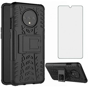 Phone Case for OnePlus 7T with Tempered Glass Screen Protector Cover Stand Kickstand Hard Rugged Hybrid Protective Cell Accessories OnePlus7t 5G One Plus7T 1 Plus T7 1plus + 1+ 1+7T Cases Men Black
