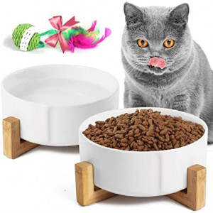 devesanter Ceramic Dog and Cat Bowl,2 Pack White Non Slip Cat Food and Water Bowls,Pet Feeding Bowls with Wood Stand Dishwasher and Microwave Safe Pet Bowls for Cats Dog Pet(28.7oz*2)