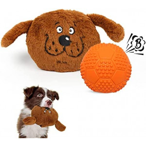 Enjoying Dog Interactive Toys 2-in-1 Dog Plush Squeaky Small Balls Pet Toys Halloween Xmas for Small Medium Large Dogs, Brown Monster