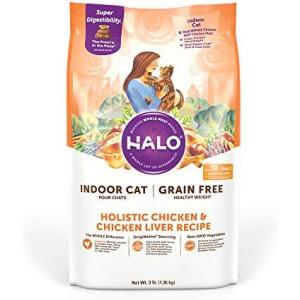 Halo Indoor Dry Cat Food, Grain Free, Chicken & Chicken Liver, 3-Pound Bag