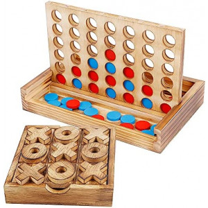 Glintoper Tic Tac Toe & 4 in a Row Tables Game Set, Classic Board Line Up 4 Game for Living Room Rustic Table Decor and Use as Game Top Wood Guest Room Decor Strategy Board Games for Families