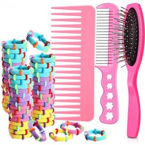 YoungJoy 3 Pcs Pink Doll Hair Care Brush Hair Comb Set with 50 Pcs Assorted Color Elastic Hair Ties for 18 and 14 Inch Dolls, The Dolls Bitty Baby and Other Doll Item(Style 2)