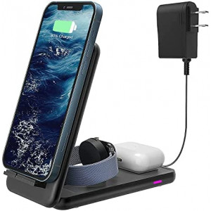 Wireless Charger, Foldable 3 in 1 Charging Station for iPhone 13,12,11 (Pro, Pro Max)/XS Max/XR/XS/X/8/8 Plus, Compatible with Apple Watch Series and AirPods 3/2/Pro with 18W Adapter(Dark Black…