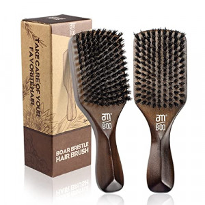 AM 8:00 2 Pack Boar Bristle Hair Brush Set, 100% Medium Natural Boar Bristle Brush Suitable for All Beards & Thin to medium hair for man and women