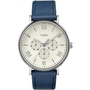 Timex Unisex Southview 41 Multifunction White/Silver-Tone Watch, Blue Leather Strap