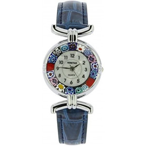 GlassOfVenice Murano Glass Millefiori Watch with Leather Band - Blue Multicolor