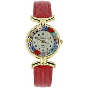 GlassOfVenice Murano Glass Millefiori Watch with Leather Band - Red Multicolor