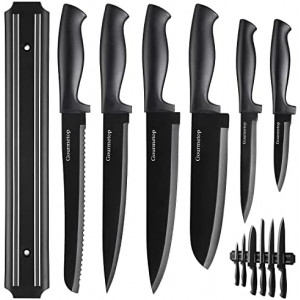 Gourmetop Kitchen Knife Set with No Drilling Magnetic Strip, Knives Set for Kitchen Black Titanium Plated Cooking Knives, Sharp Stainless Steel Chef Knife Set for Cutting Meat & Vegetable, 6 Piece
