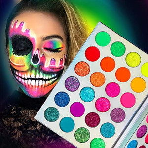 Neon Glitter Eyeshadow Palette Makeup,Afflano UV Glow Blacklight Highly Pigmented Palette Eye Shadow Pallets,Matte Bright Colorful Rainbow Blue Red Orange Purple Green Pressed Glitter Makeup Palettes