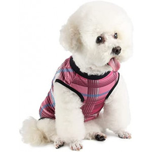 Due Felice Dog Surgical Recovery Suit Puppy Onesie After Surgery Pet E-Collar Alternative for Female Male Dog Pink Plaid/Medium