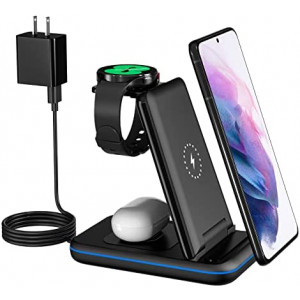 Wireless Charging Station for Samsung, 3 in 1 Qi-Certified Foldable Charger/Stand for Samsung Galaxy S22/S21/S20/Note20/10, Galaxy Watch4/Classic/3/1/Active 2/1, Buds+/Live with Adapter (Black)