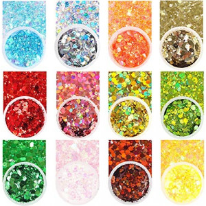 Holographic Chunky Glitter Set of 12, Nail Art Glitter Sequins, Iridescent Glitter Flakes for Eye, Body, Face, Hair, Cosmetic Glitter for Festival Makeup, Craft Glitter for Epoxy Resin
