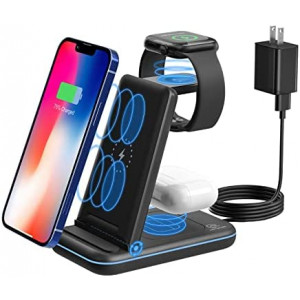 Wireless Charging Station for Multiple Devices, 3 in 1 Portable Charger Qi Stand Dock for Travel, Compatible with iPhone 13 12 11 Pro/Max/XR/XS/X, iWatch/Apple Watch 7 6 SE 5 4 3 2, Airpods 3/Pro/2
