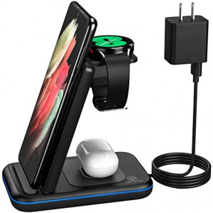 Wireless Charger for Samsung, Portable 3 in 1 Qi-Certificate Fast Charging Station/Dock Compatible with Samsung Galaxy S22/S21/S20/Note 20/Note 10, Galaxy Watch 4/3/Active 2/1/LTE, Buds+/Live (Black)