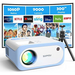 Mini Projector, Native 1080P Full HD 9000L SOPYOU Movie Outdoor Projector 4K Supported with 360° Tripod, Video Mini Portable Projector for HDMI, USB, Laptop, TV Stick, PS5, iOS & Android, U Disk