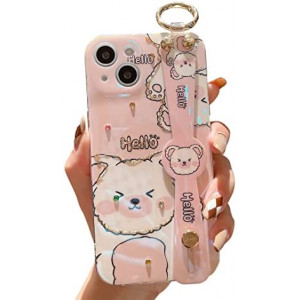 Lastma for iPhone 13 Mini Case Cute with Wrist Strap Kickstand Glitter Bling Cartoon IMD Soft TPU Shockproof Protective Cases Cover for Girls and Women - Pink Bear