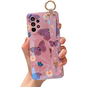 Lastma for Samsung Galaxy A32 Case Cute with Wrist Strap Kickstand A32 Case 5g Glitter Bling Cartoon IMD Soft TPU Shockproof Protective Phone Cases Cover for Girls and Women - Purple Butterfly