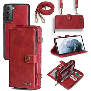 TwoHead Galaxy S22 Wallet Case,Galaxy S22 Case with Card Holder,Case Wallet Magnetic Detachable 3 in 1 Leather Flip Wallet with 13 Card Slots,Kickstand,Hand &Crossbody Strap,Zipper Wallet (Red)