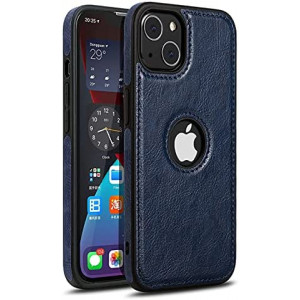 Hemduty Logo Visible Compatible with iPhone 13 Case Luxury Vegan Leather Ultra Slim Business Cover 2021 6.1 Inch (Blue)