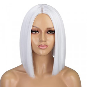 ENTRANCED STYLES White Wig Short Bob Wigs for Women 12Inch Heat Resistant Middle Part Straight Synthetic Wig Party Costume Halloween Cosplay Wig