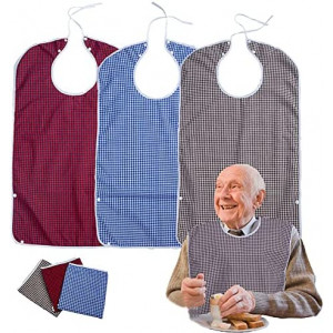 3PK Adult Bibs for Eating-Washable Reusable Waterproof Clothing Protector with Crumb Catcher-Large Adult Feeding Bibs Clothing Protector(Red, brown, blue plaid)