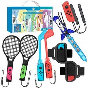 Switch Sports Accessories Bundle for Nintendo Switch Sports Games,JOYTORN 9 in 1 Kit with Switch Soccer Leg Straps, Joypad Wrist Bands, Mario Golf Super Rush Joypad Grips, Mario Tennis Rackets and Chambara Game Sword
