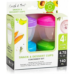 Snack Containers (4 Set) - 4.75 Oz Small Food Storage Cups with Lids - Fruit, Nuts, Sauce, Condiments, Salad Container for Lunch Box - Reusable Dessert Cups, Microwave and Freezer Friendly, BPA-free