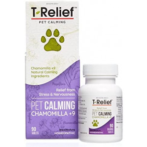 MediNatura T-Relief Pet Calming Natural Comfort Remedy & Nervousness Relief with Chamomile + 9 Homeopathic Stress Relieving Active Ingredients - Relaxing Herbal Blend for Dog & Cat - 90 Tablets